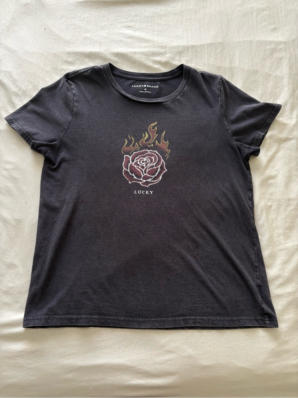 Lucky Brand Charcoal Graphic Tee with Red Rose and Flames Size Medium